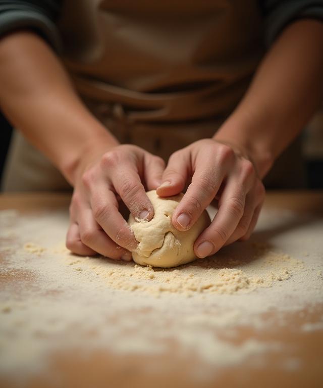 Nahaufnahme der Hände eines Bäckers, der sorgfältig Brotteig knetet.